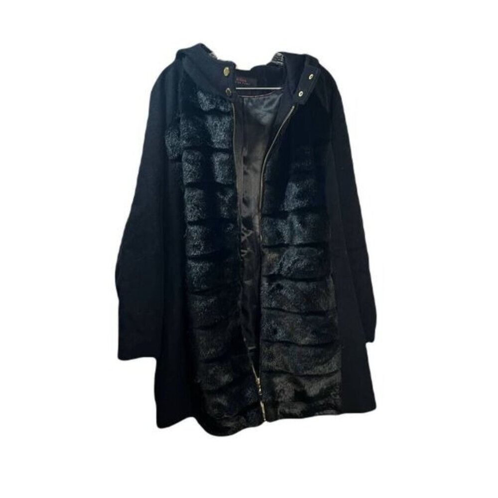 Black Hooded Coat With Faux Fur Front Panels‎ & Satin Lining For Women